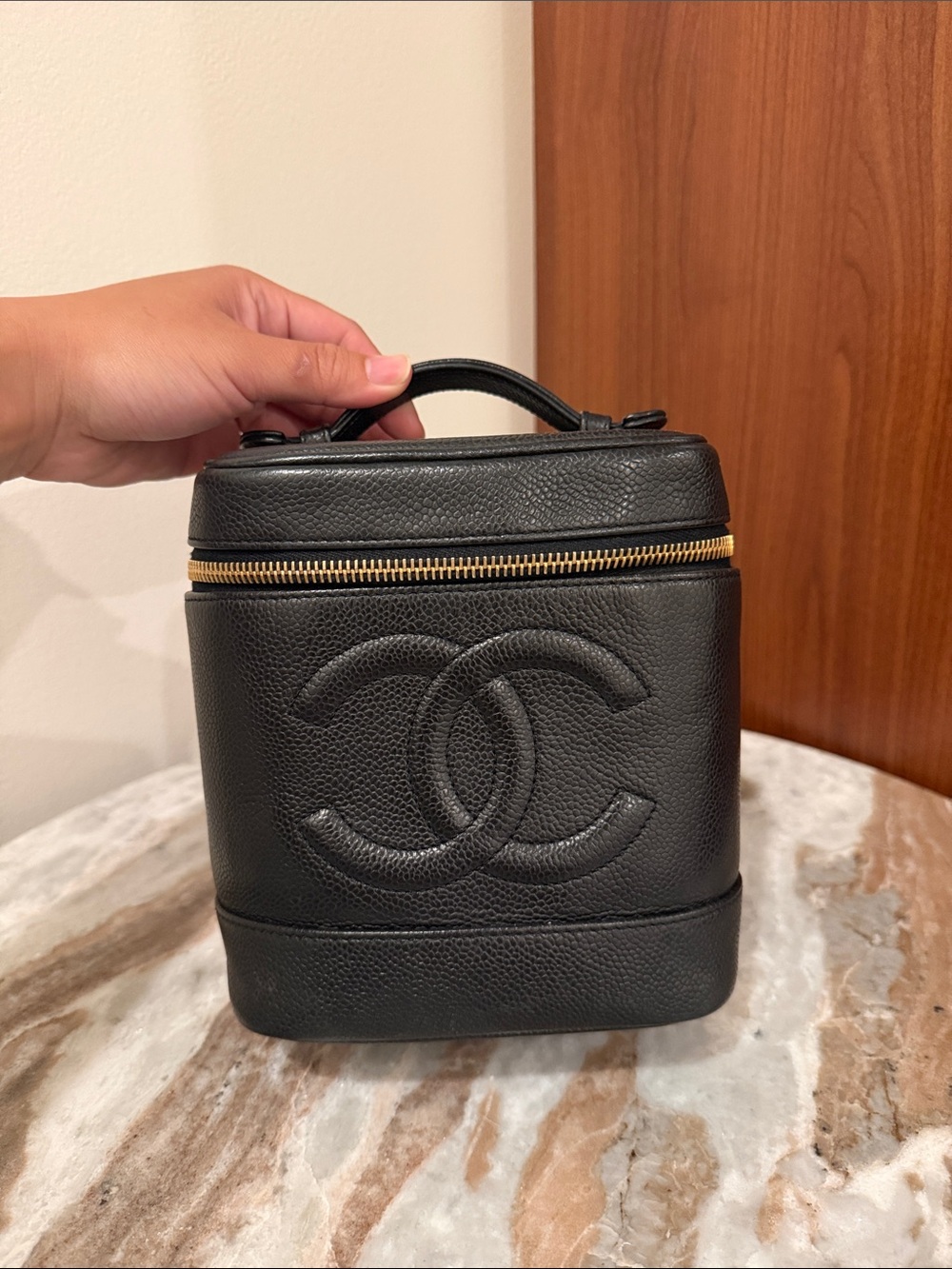 CHANEL Vintage Black Caviar Leather Vanity Case with Gold Zipper
